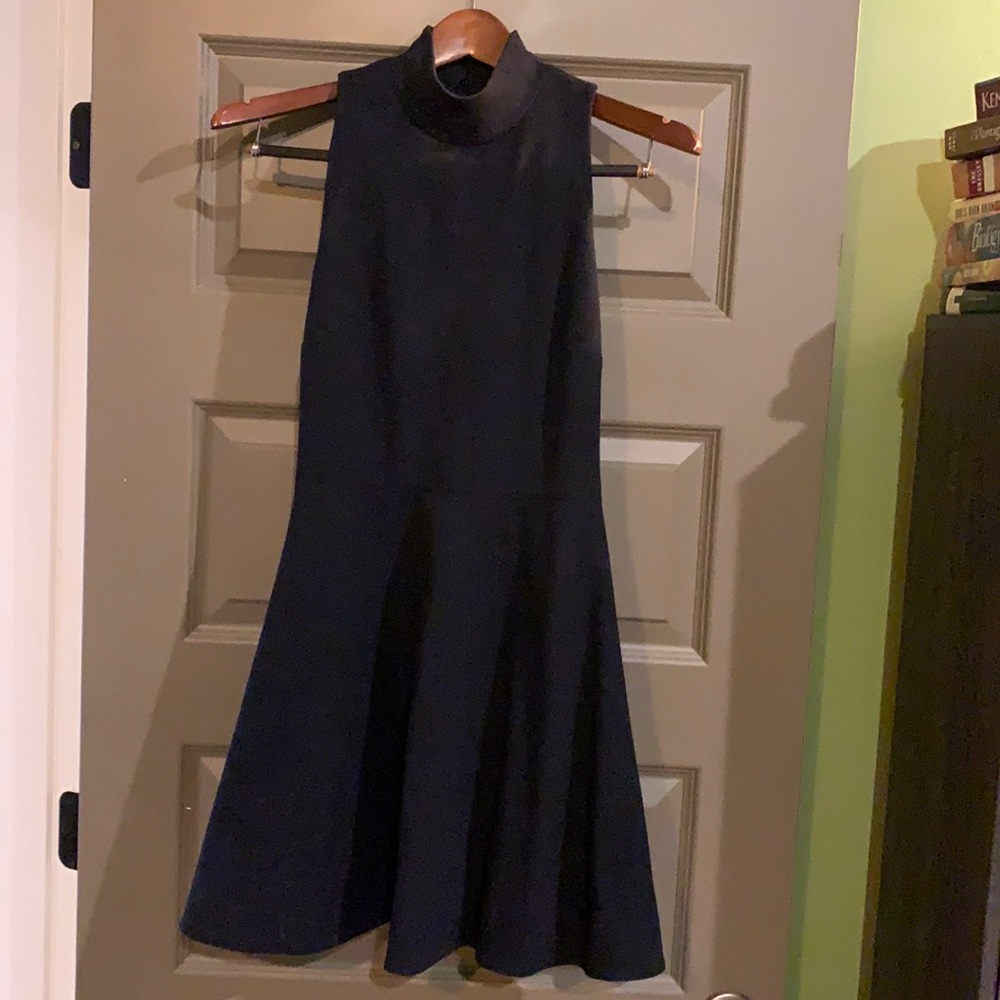 Navy blue mock turtleneck skater dress with racer back detail